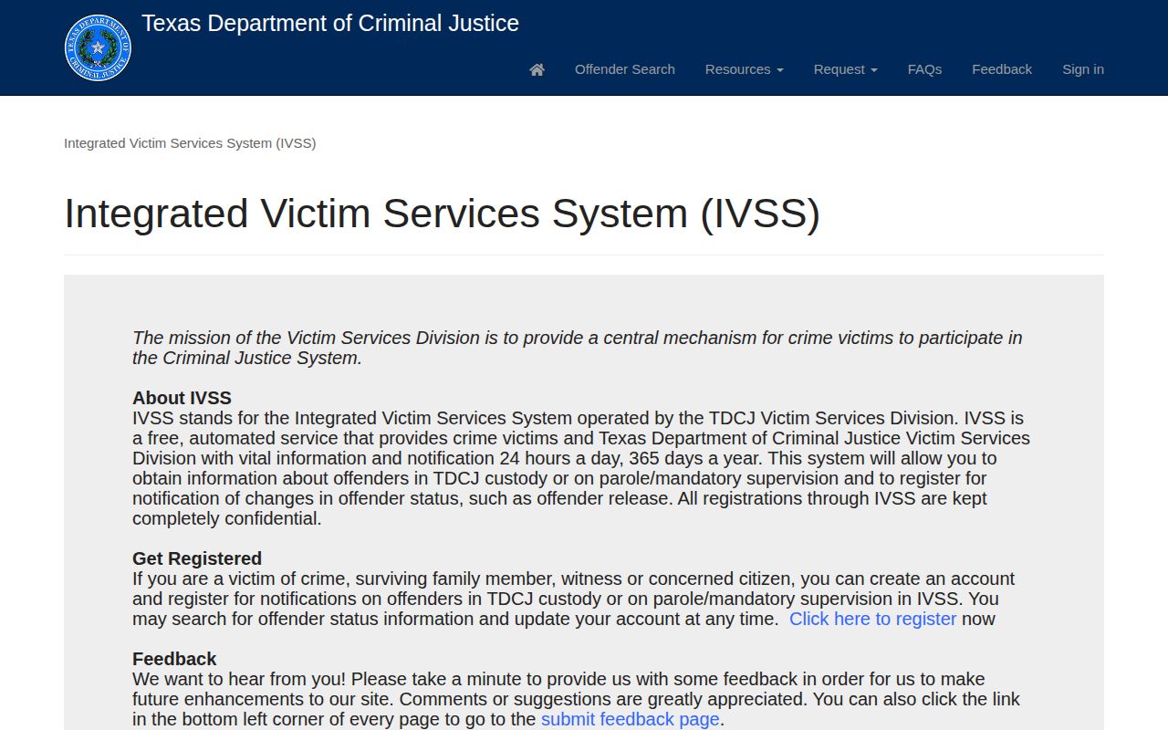 TDCJ IVSS inmate status and Concho County release alert interface