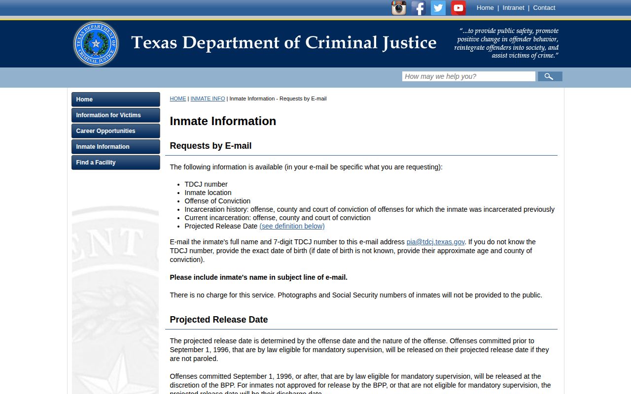 TDCJ projected release date definition and information request fields