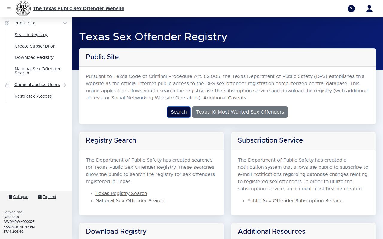Texas DPS public sex offender registry search interface