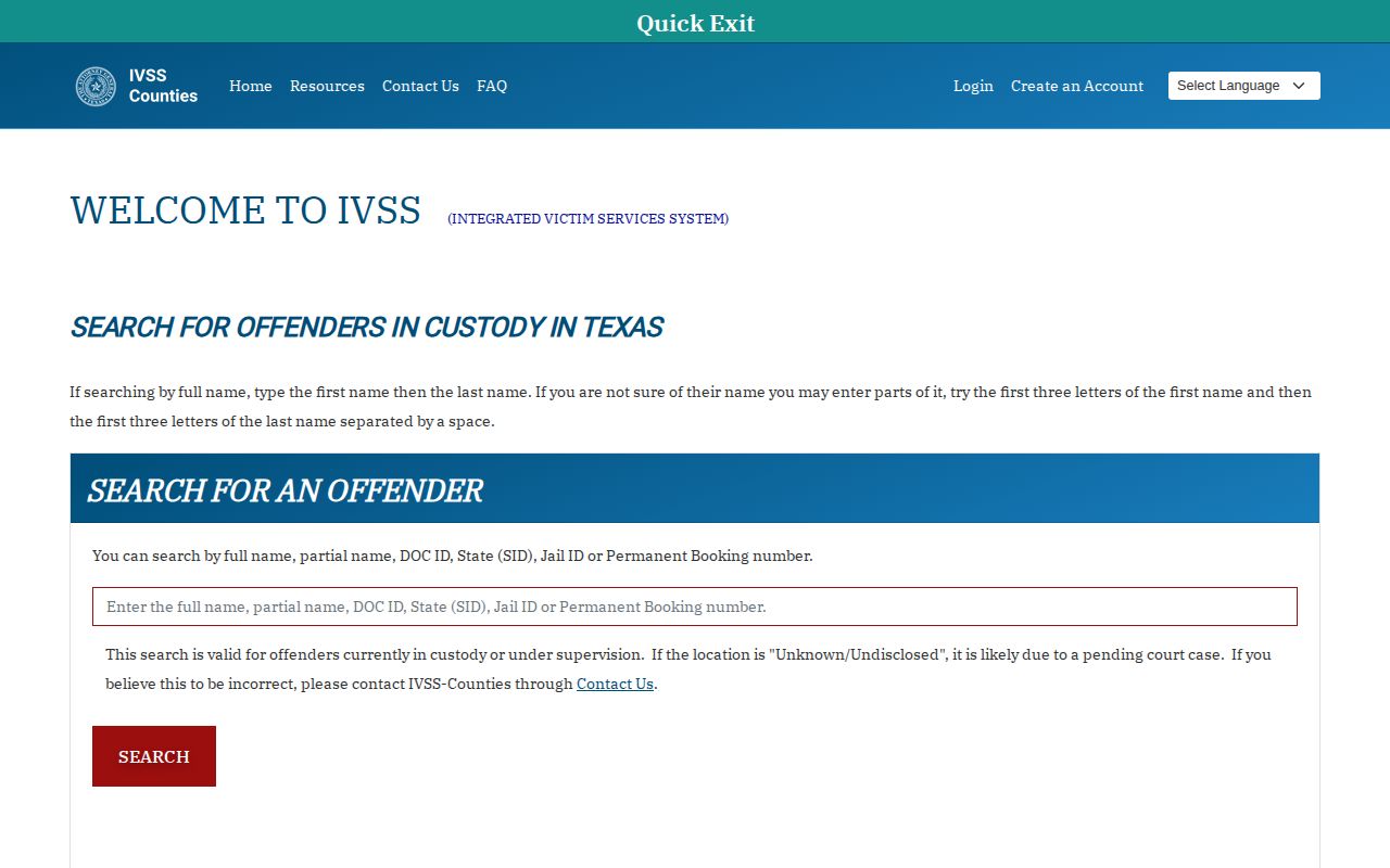 Concho County VINE inmate check on the Texas IVSS-Counties search interface